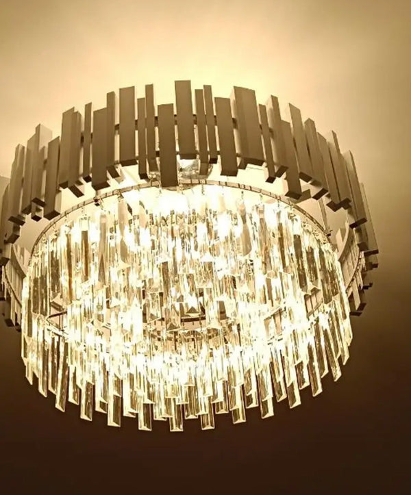 Silvery Crystal Chandelier, Round Double-Layer Ceiling