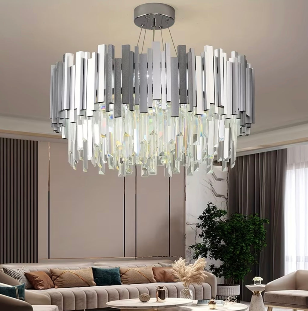 Silvery Crystal Chandelier, Round Double-Layer Ceiling